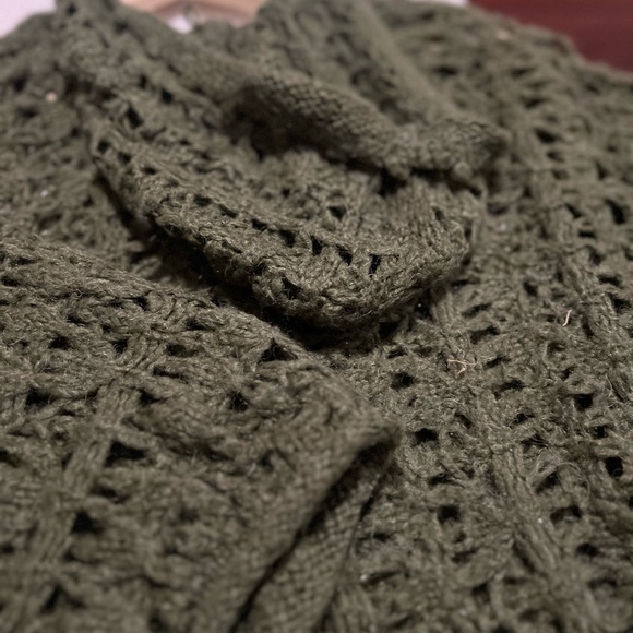 Free People Boho Cottagecore Crochet Olive Hooded Sweater | Dolman Earthy Knit - Picture 13 of 15